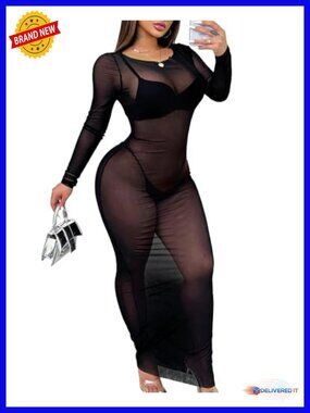 Sheer Mesh Bodycon Maxi Dress Long Sleeve High Stretch Club Night Out